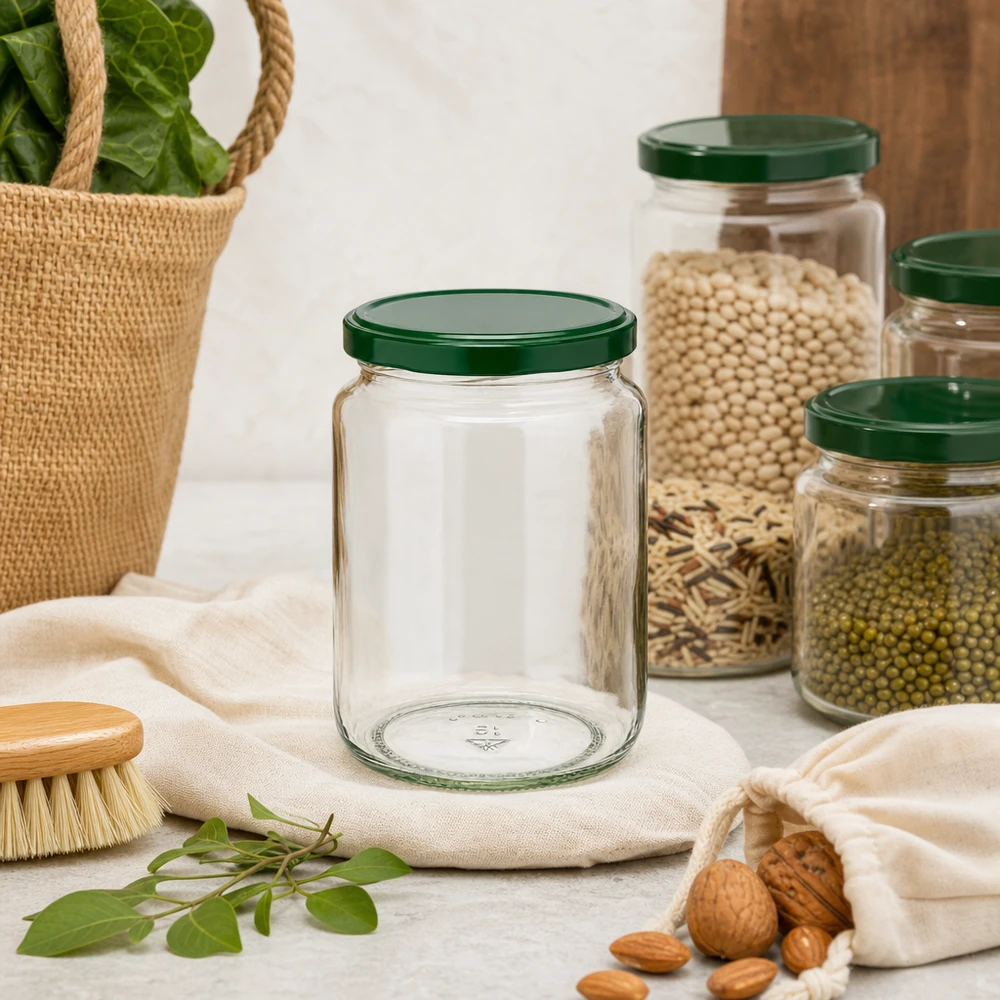 Barattolo rotondo da 795 ml + coperchio BasicSeal verde UNiTWIST 795ml Rundglas UNiTWIST mit grünem Deckel in nachhaltiger Zero-Waste-Küche neben Nüssen und Hülsenfrüchten