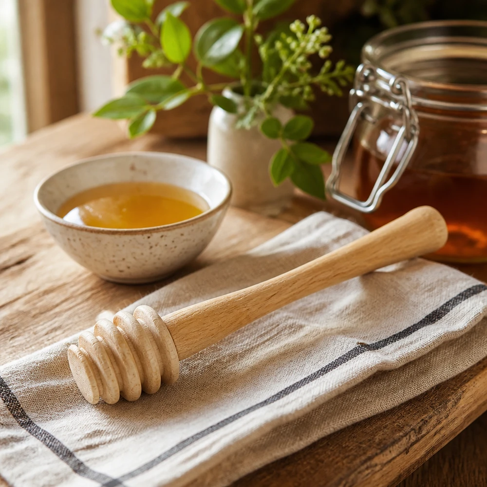 Cucchiaio da miele in legno d'acero accanto a una ciotola e a un vasetto di miele su un tavolo di legno rustico con un vaso di erbe sullo sfondo