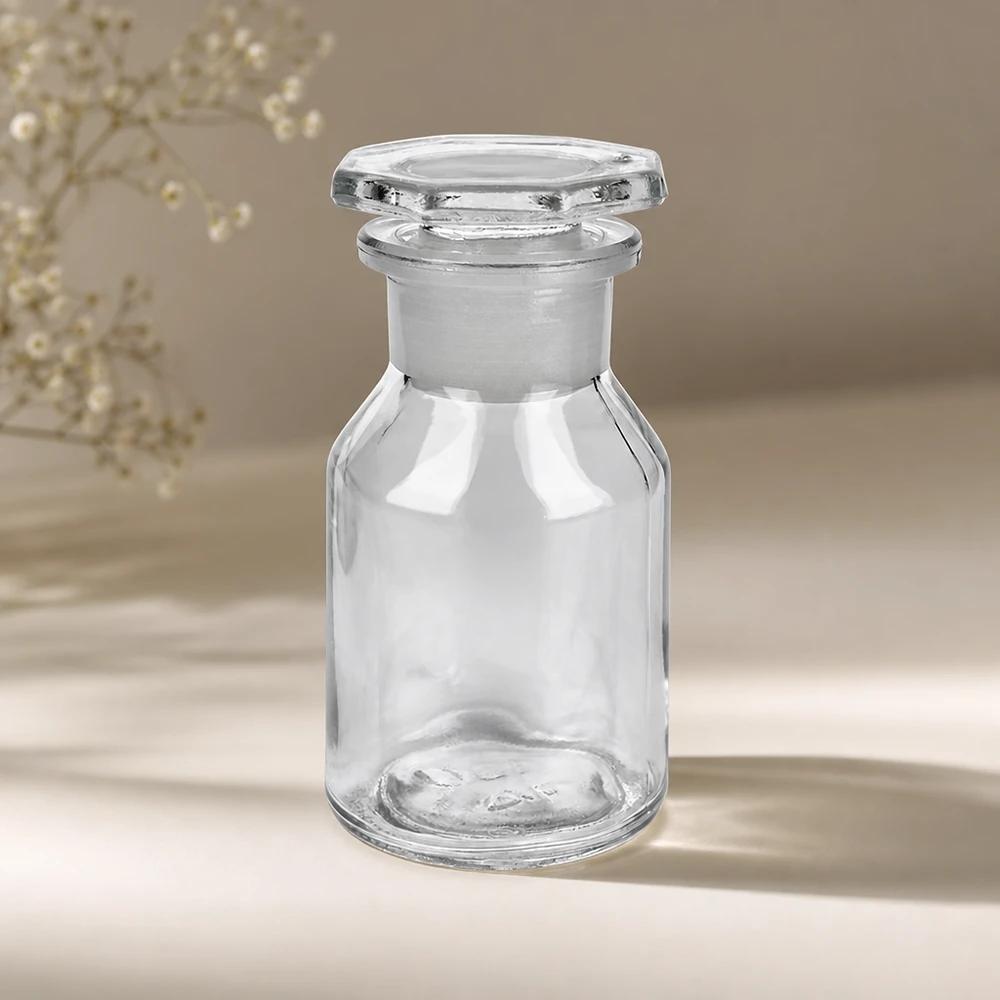 Bottiglia a collo alto 50ml trasparente a collo largo in vetro con tappo Bottiglia a petto ripido da 50 ml, trasparente, a collo largo, con tappo in vetro sfaccettato, per farmacie e collezionisti