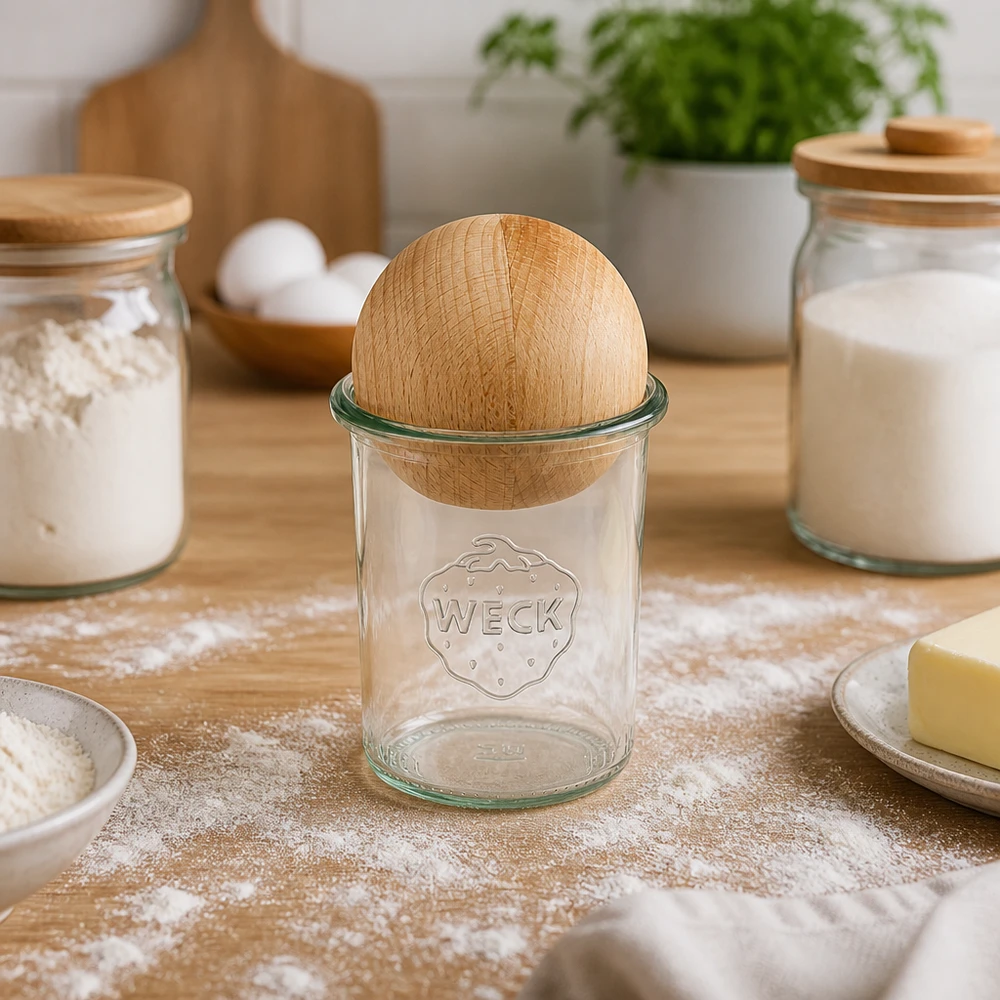 I tumbler WECK RR60 da 160 ml con tappo a sfera in faggio sono disposti tra i barattoli di farina e gli ingredienti da forno nella cucina del panificio