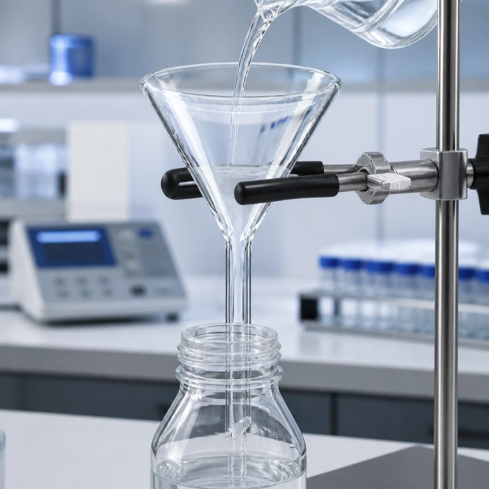 Imbuto Ø 50mm per calce sodata, angolo 60°, stile corto Imbuto in vetro con angolo di 60 gradi da 50 mm in calce sodata per un trasferimento ottimale dei liquidi in laboratorio