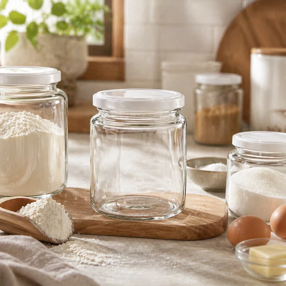 Vasetto per miele da 350 g con capsula bianca BasicSeal UNiTWIST Vasetto di miele vuoto da 250 ml con coperchio BasicSeal bianco su una tavola di legno in una cucina rustica tra i barattoli di stoccaggio