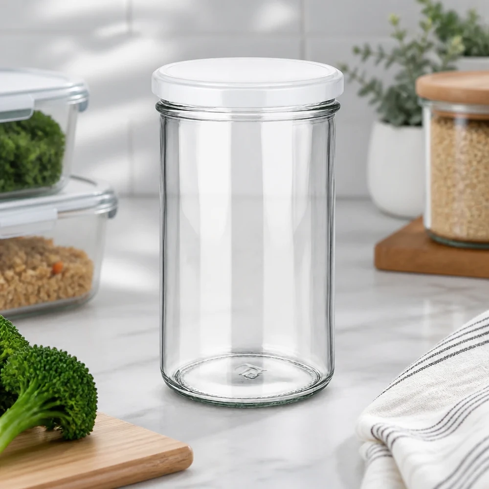 Bicchieri da 277 ml con coperchio BasicSeal bianco UN.. 277ml Einmachglas in moderner Küchenumgebung mit Gemüse und Vorratsgläsern - vielseitig für Meal Prep und Aufbewahrung