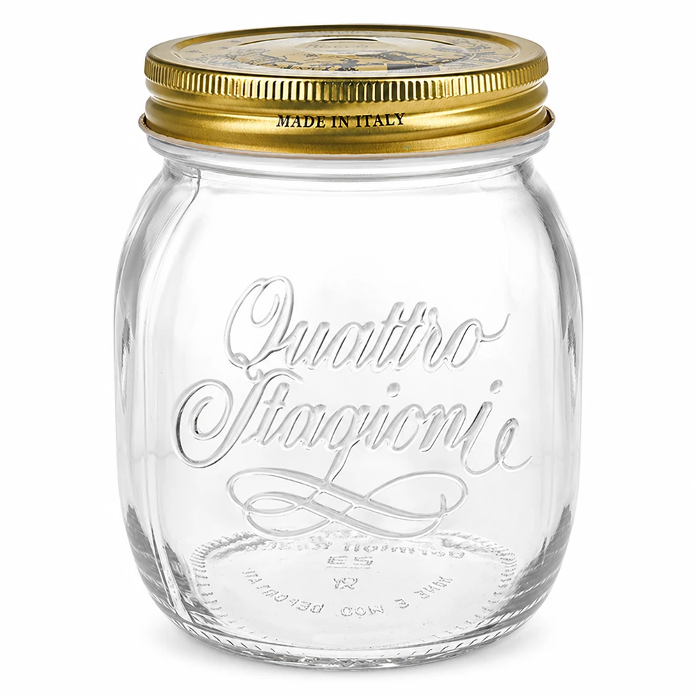 Barattolo rotondo "Quattro Stagioni" da 700 ml con coperchio Barattolo rotondo Quattro Stagioni da 700 ml con coperchio dorato Made in Italy Barattolo da conserva Design italiano vuoto