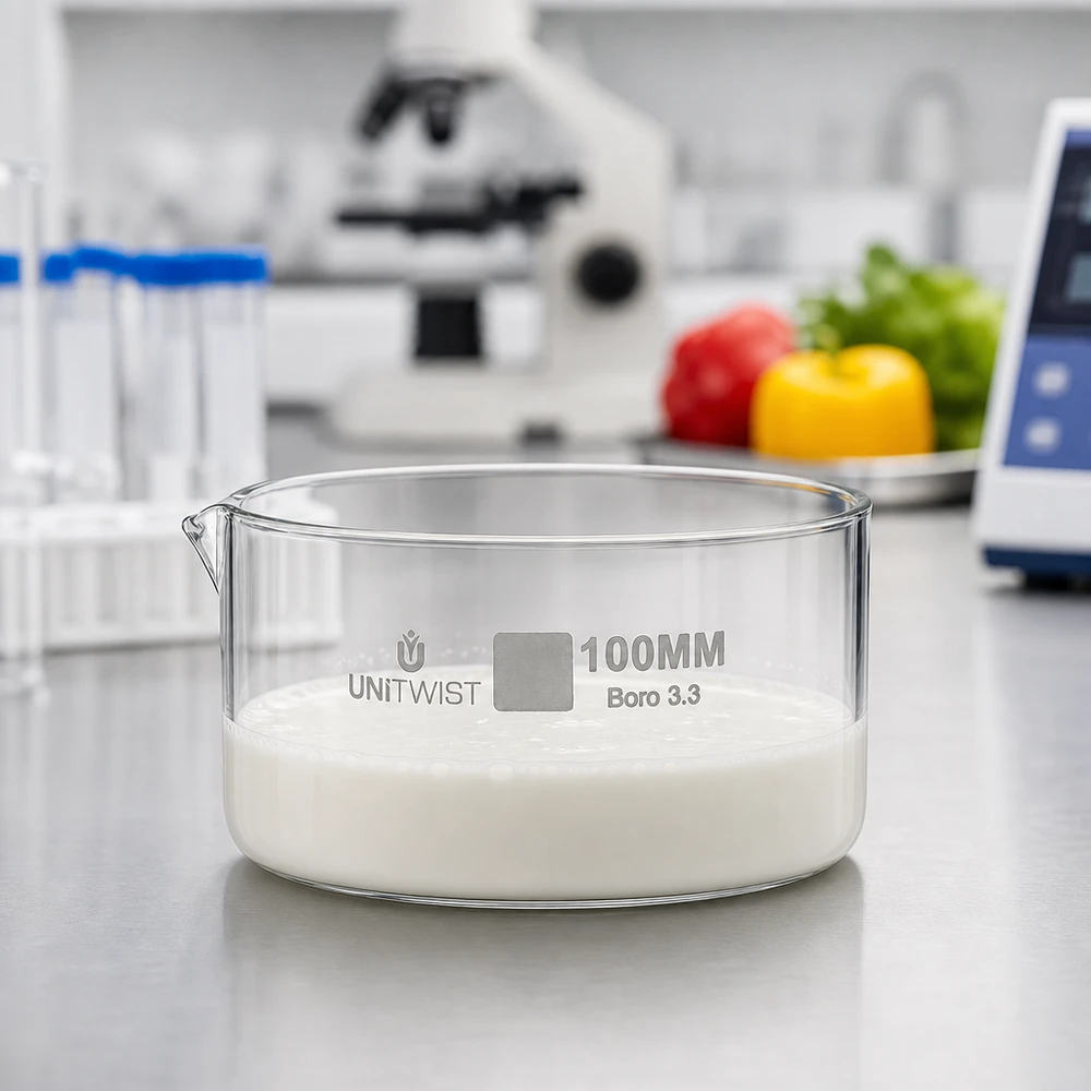 Piatto per cristallizzazione ø100mm in vetro borosilicato UNiTWIST Vaschetta di cristallizzazione da 100 mm UNiTWIST riempita con sostanza bianca - Laboratorio alimentare - Vetro borosilicato