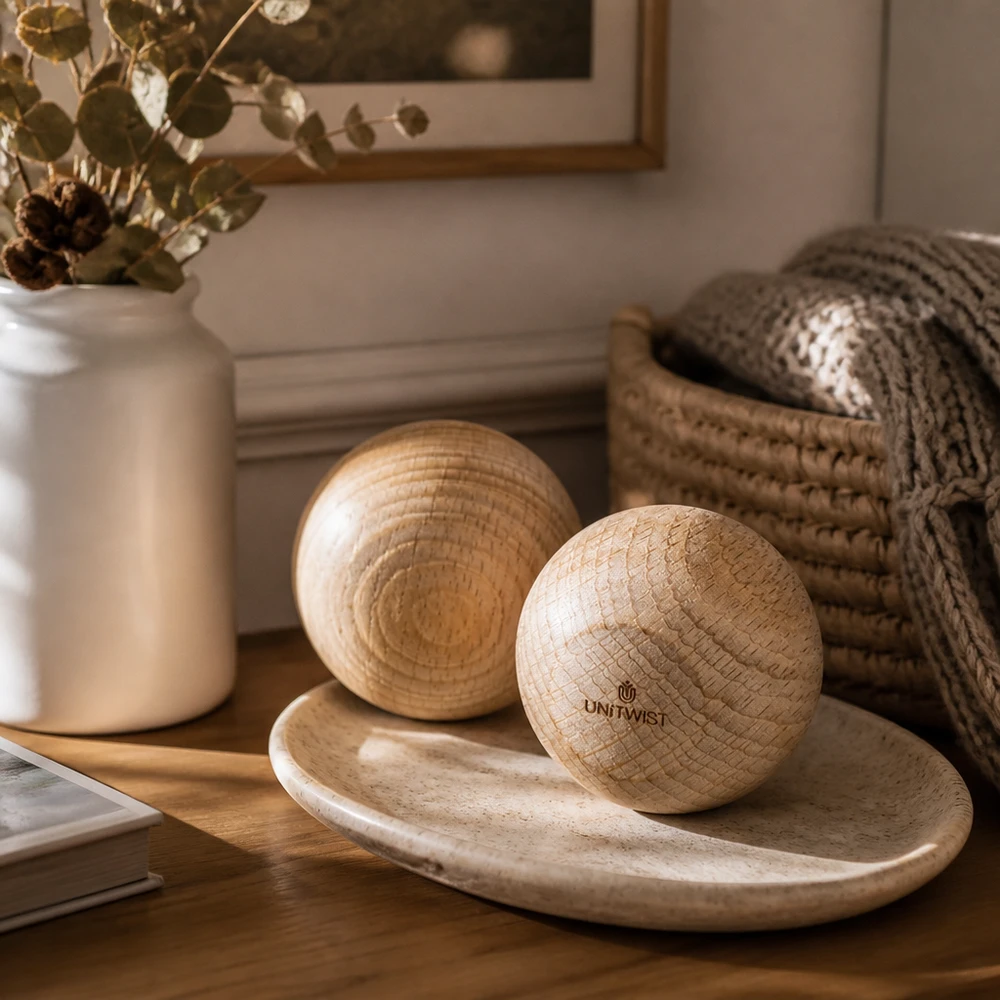 UNiTWIST palla in legno di faggio WECK RR60 su ciotola in legno disposta in modo decorativo con vaso in ceramica e tessuto a maglia accessorio per la casa