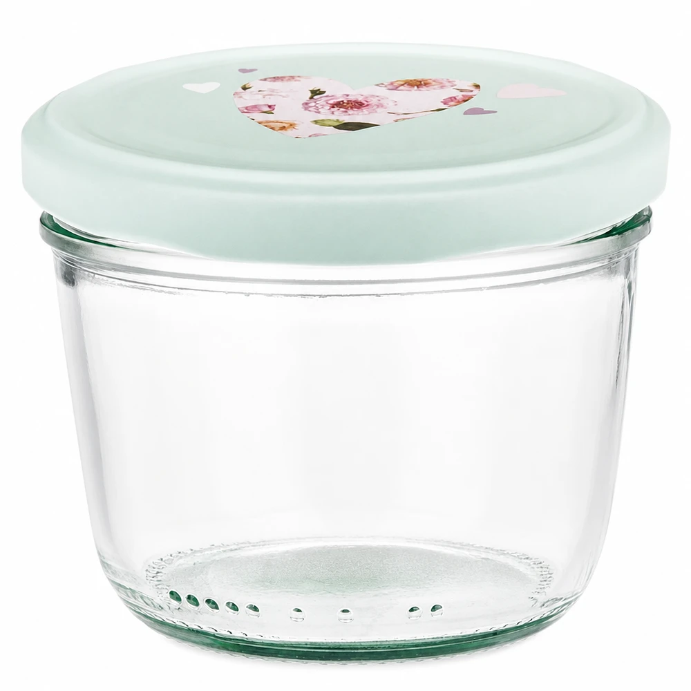 Bicchieri da 230 ml + coperchio BasicSeal cuore menta UNiTWIST Bicchieri da 230 ml con coperchio BasicSeal in menta con motivo a cuore, vasetto vuoto per marmellate e conserve