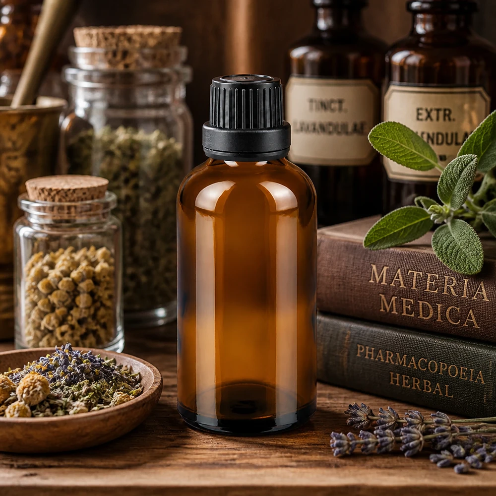 Bottiglia da farmacia marrone da 50ml. SV OV nero/11mm ApoGlas Flacone da farmacia marrone da 50 ml tra libri di Materia Medica ed erbe essiccate su un tavolo di legno