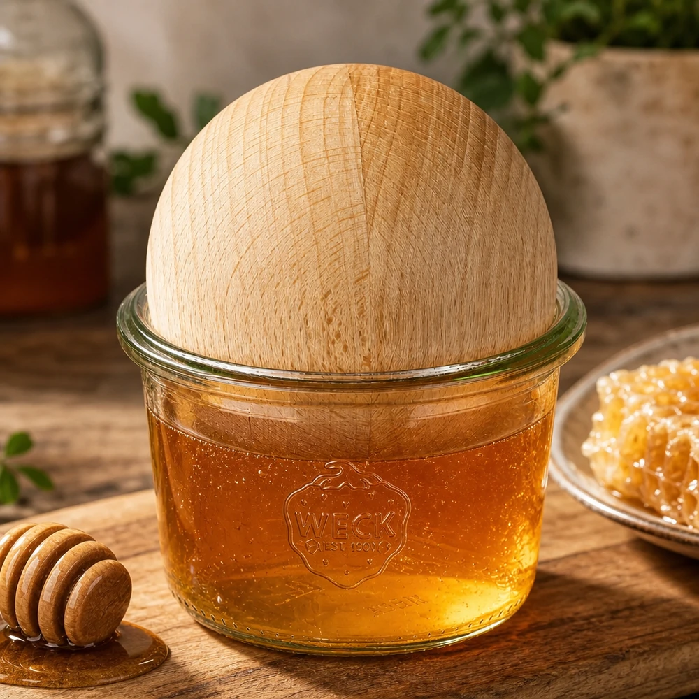 Bicchierini WECK RR60 da 80 ml riempiti di miele e coperchio a sfera in faggio, accanto a cucchiaio e favo di miele