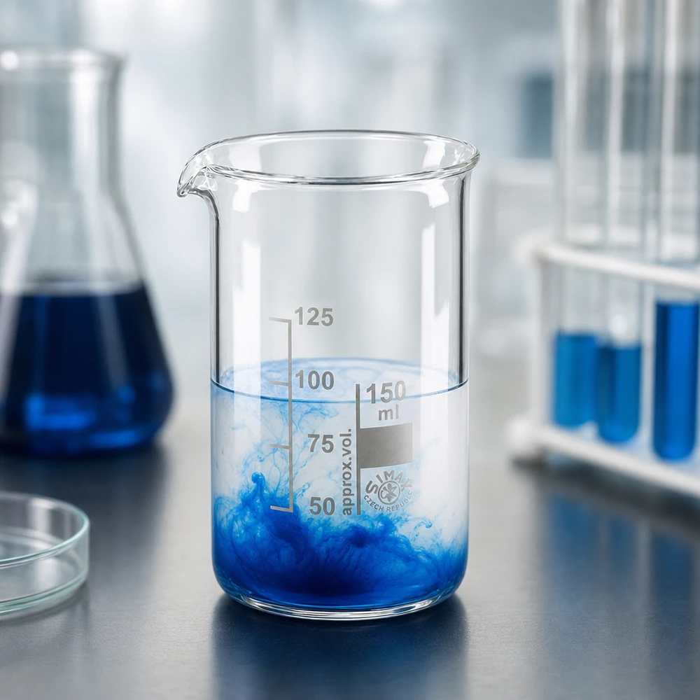 Bicchiere in vetro borosilicato da 150 ml, modello alto, con una soluzione blu in un laboratorio chimico
