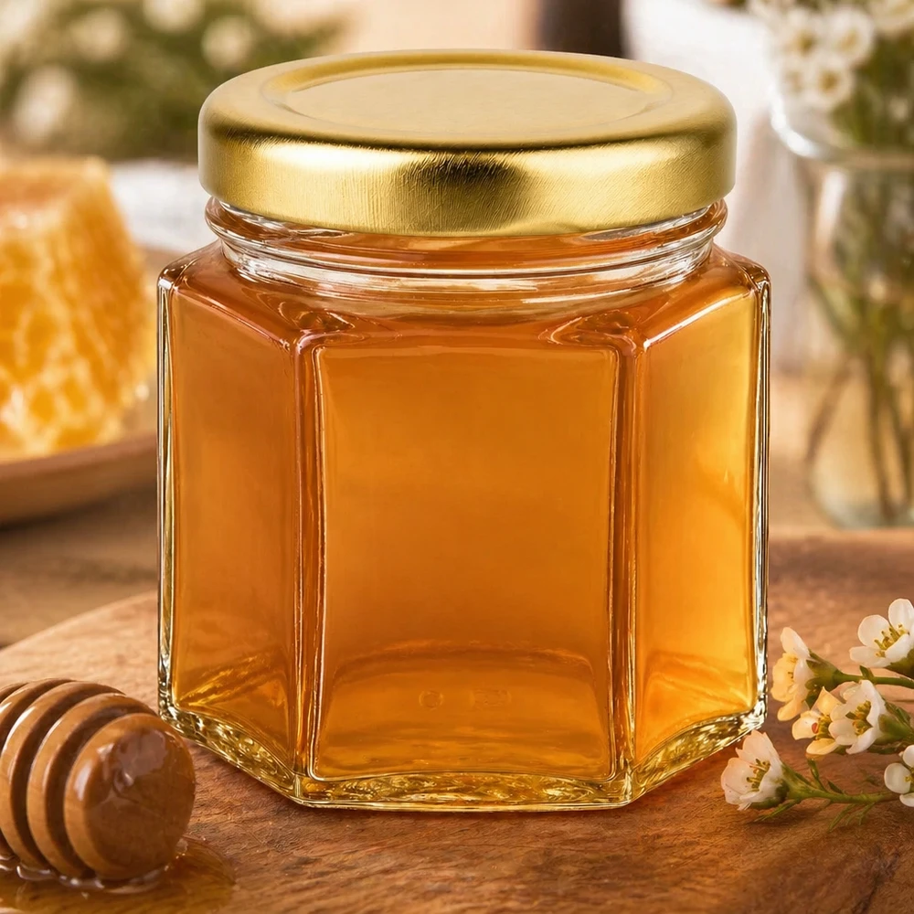 Vasetto per miele da 60 g con capsula dorata BasicSeal UNiTWIST 60g Honigglas gefüllt mit goldenem Honig neben Holzlöffel und Blüten auf rustikalem Holztisch dekoriert