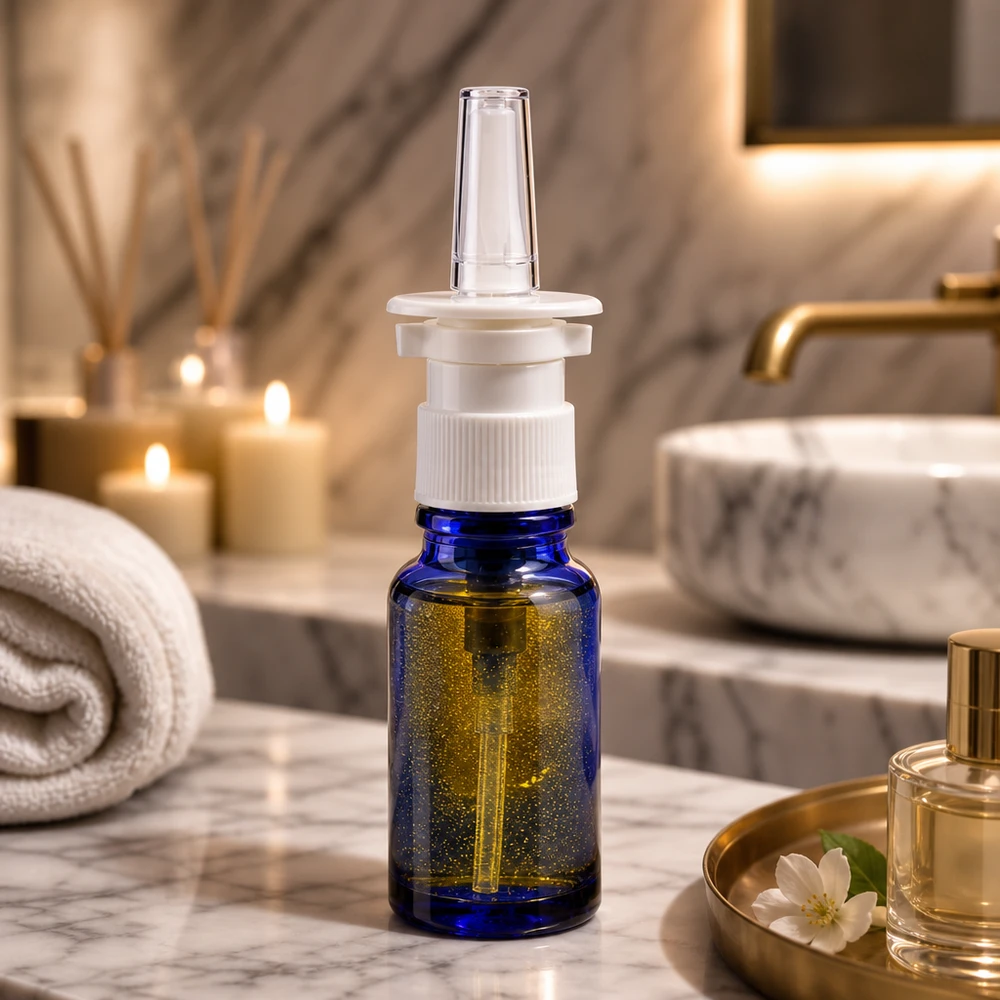 Piccolo flacone da 10 ml per spray nasale in vetro da farmacia blu con erogatore a pompa bianco