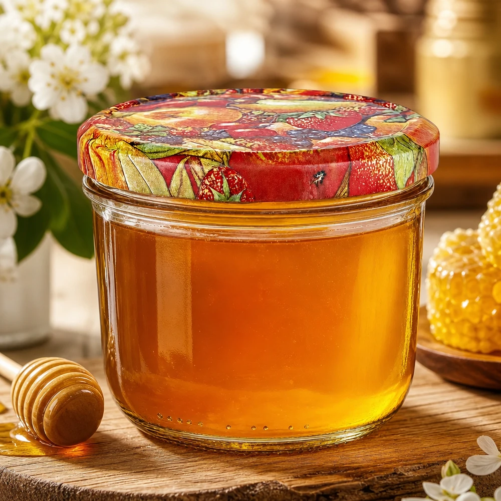 Bicchieri da 230 ml + coperchio BasicSeal con decorazione di frutta UN.. Bicchieri da 230 ml riempiti di miele e coperchio colorato BasicSeal con decoro di frutta, accanto a cucchiaio e favo.