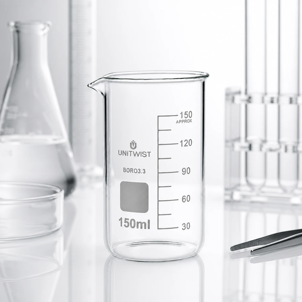 UNITWIST Bicchiere da laboratorio da 150 ml, forma alta, borosilicato 3.3, con beccuccio e graduazione su fondo bianco