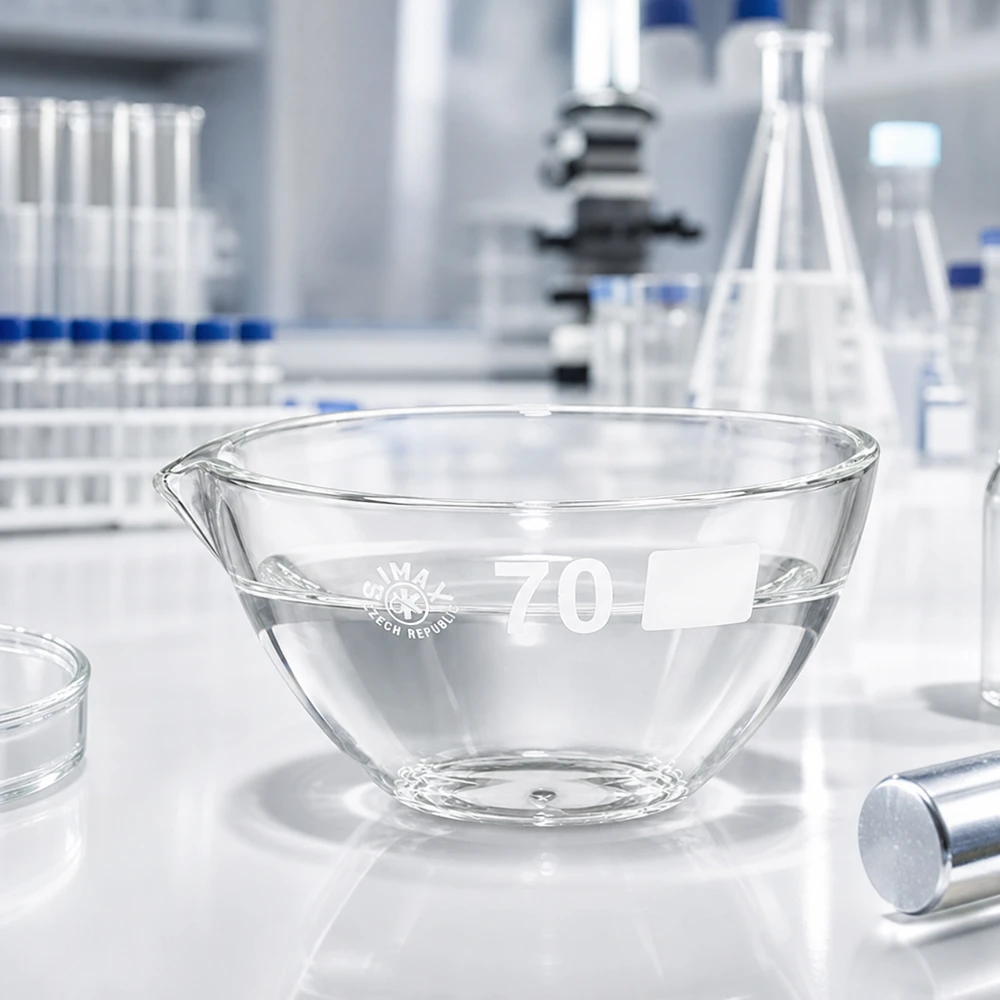 Piatto di evaporazione da 60ml con beccuccio in borosilicato ø70mm Piatto da laboratorio ergonomico da 60 ml con pratico beccuccio in vetro borosilicato infrangibile ø70 mm