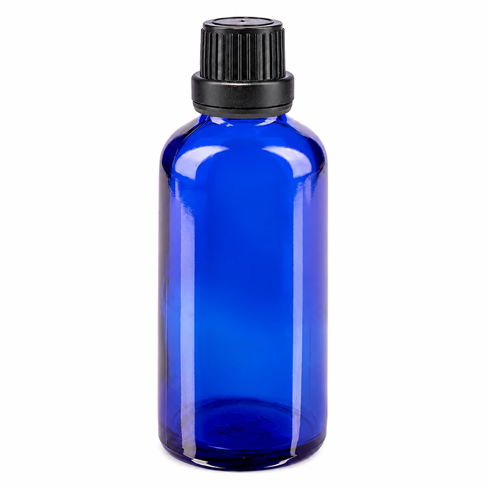 Bottiglia da farmacia blu da 50ml. SV OV nero/11mm ApoGlas Flacone da farmacia in vetro blu da 50 ml con tappo a vite nero da 11 mm