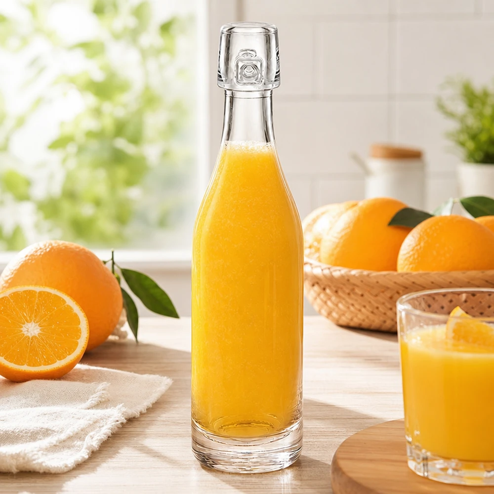 Bottiglia in vetro da 50 ml senza tappo UNiTWIST Bottiglia di vetro da 50 ml UNiTWIST riempita di succo d'arancia tra arance fresche luce della finestra della cucina