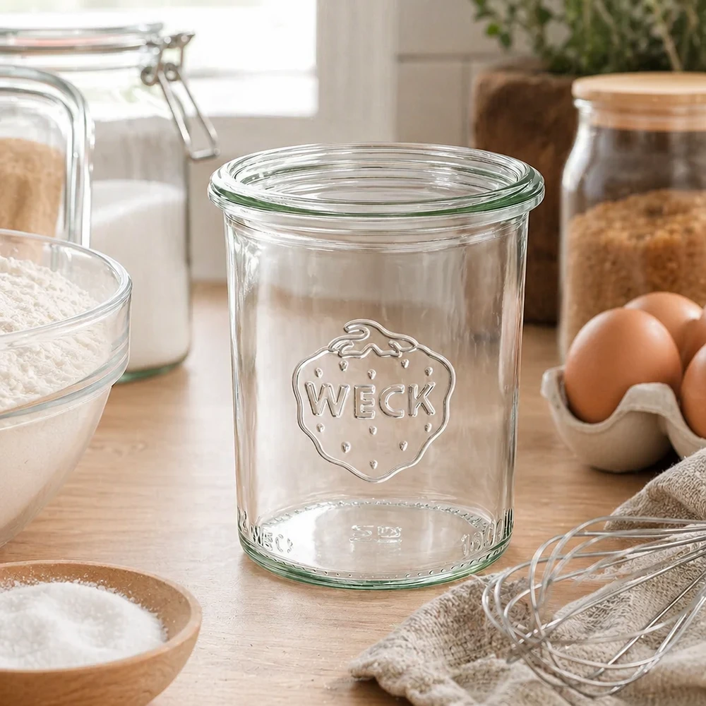 Barattolo in vetro trasparente WECK RR60 da 160 ml con logo in una cucina moderna accanto a uova e ingredienti da forno