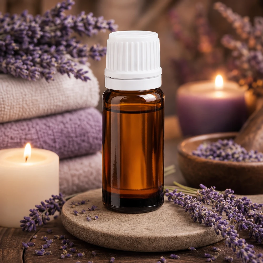 Flaconcino per aromaterapia da 10 ml in vetro ambrato con protezione UV e tappo bianco a prova di bambino