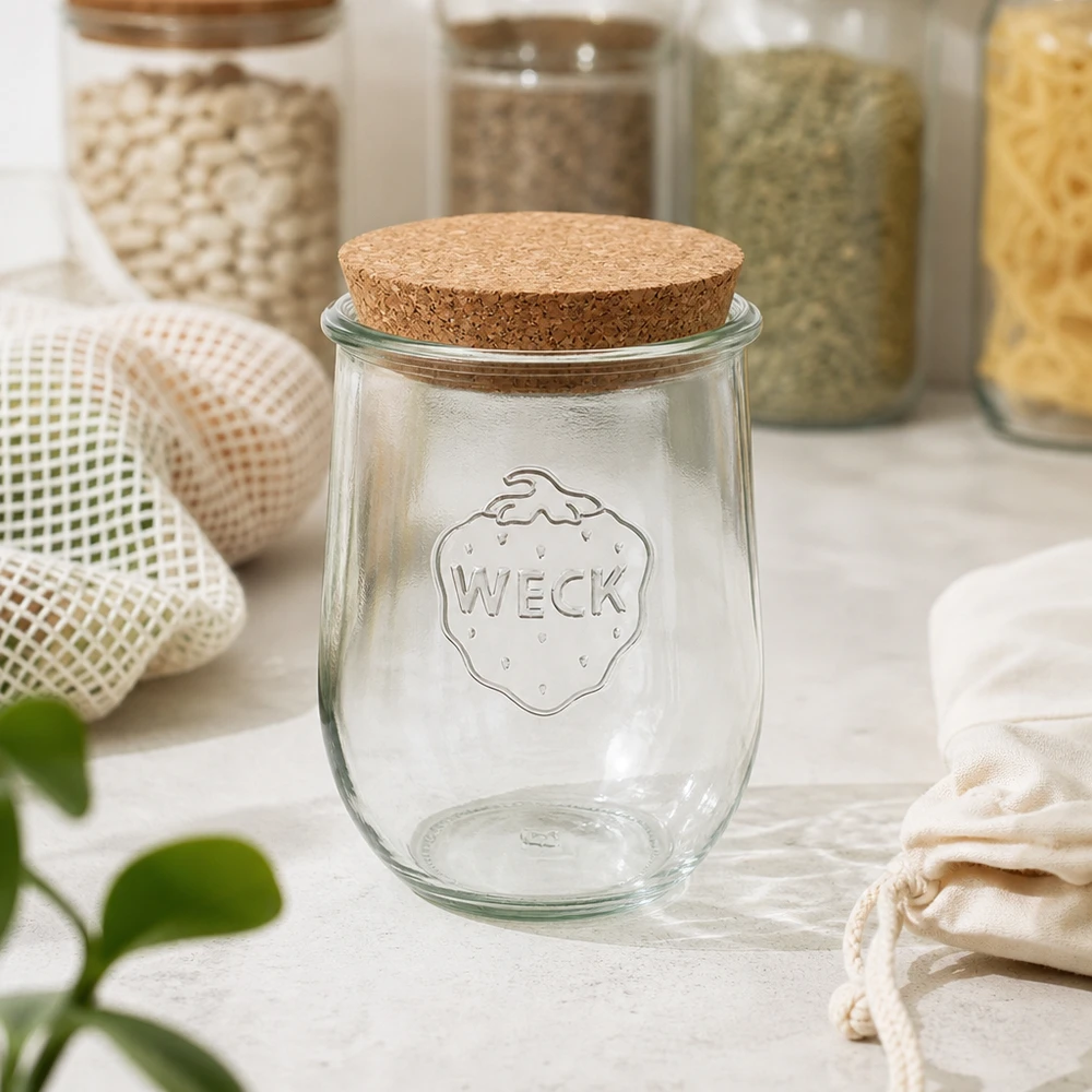 Vaso per tulipani da 1062 ml WECK RR100 con sughero naturale Barattolo per conserve WECK RR100 1062ml con coperchio in sughero in cucina sostenibile a spreco zero tra i contenitori di stoccaggio
