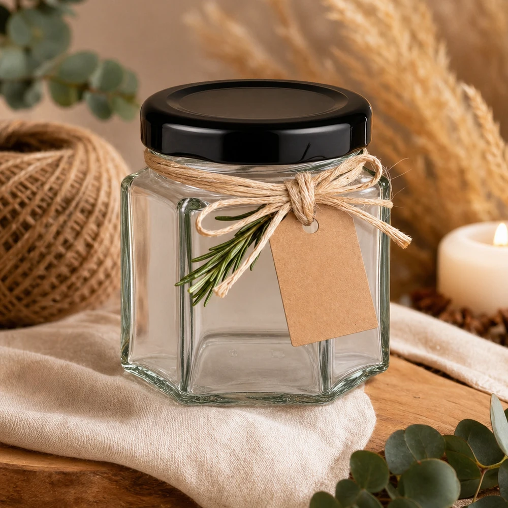 Barattolo hexa da 47 ml con coperchio BasicSeal nero UNiTWIST. Barattolo hexa da 47 ml con coperchio nero, decorato con nastro di iuta e rametto d'erba come confezione regalo.