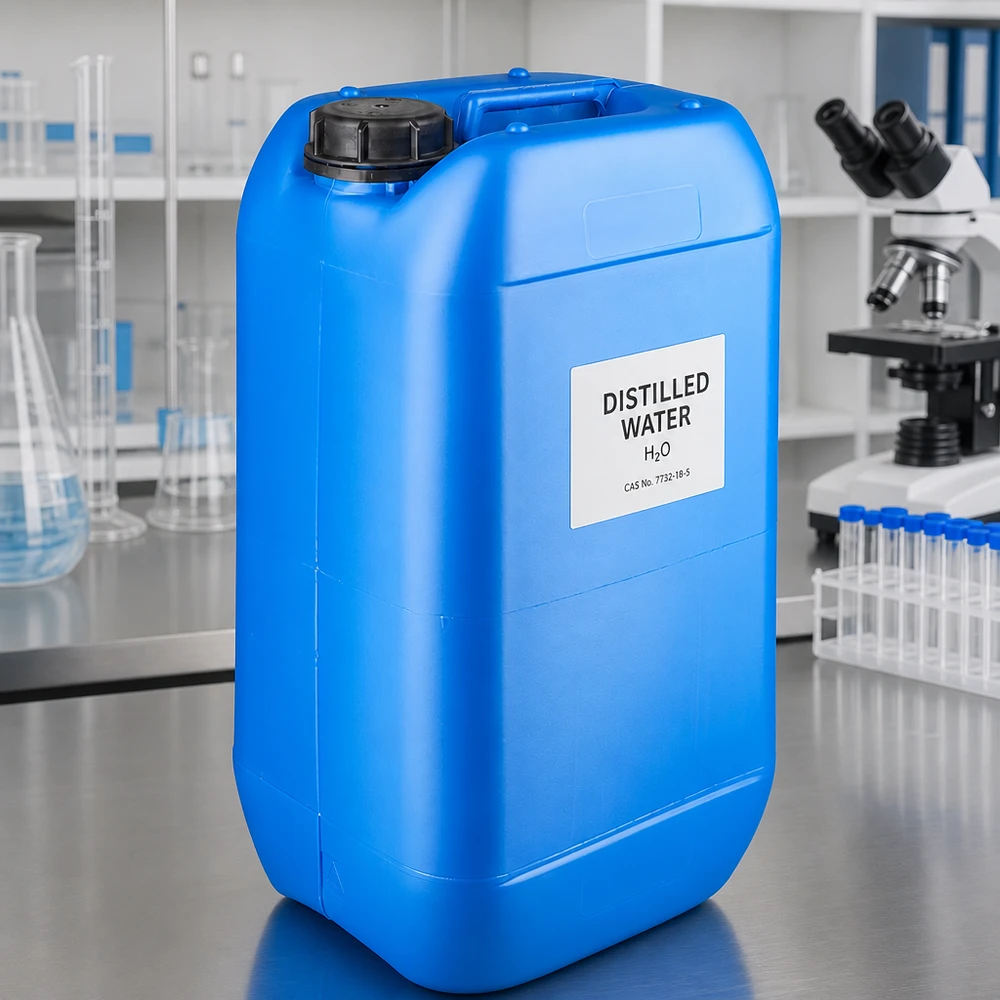 Tanica da 15 litri, adatta al contatto con gli alimenti, di colore blu, con tappo OV, per acqua distillata da laboratorio