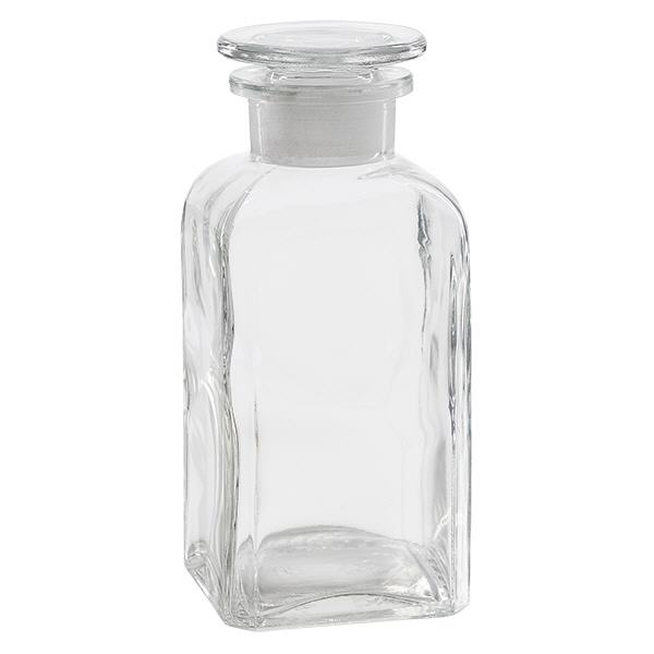 Bottiglia quadrata 350ml trasparente a collo largo con tappo in vetro Bottiglia quadrata 350ml trasparente a collo largo con tappo in vetro