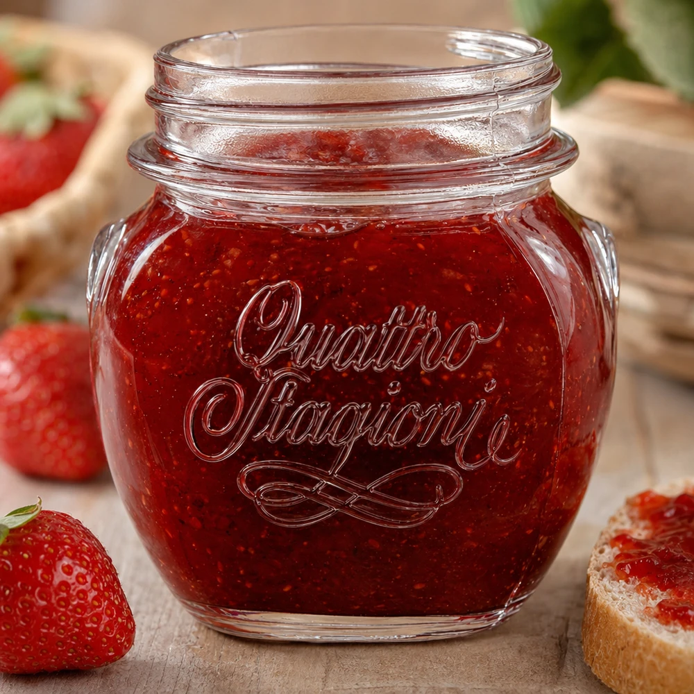 Bicchiere da 300ml "Quattro Stagioni" Barattolo casalingo Quattro Stagioni da 300 ml pieno di marmellata di fragole accanto a fragole fresche e pane su un tavolo di legno