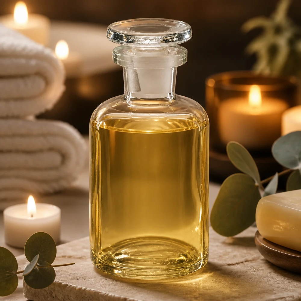Bottiglia a spalla tonda 50ml trasparente collo stretto tappo in vetro Bottiglia di vetro a spalla arrotondata da 50 ml, trasparente, con tappo in vetro, in un ambiente spa con candele ed eucalipto