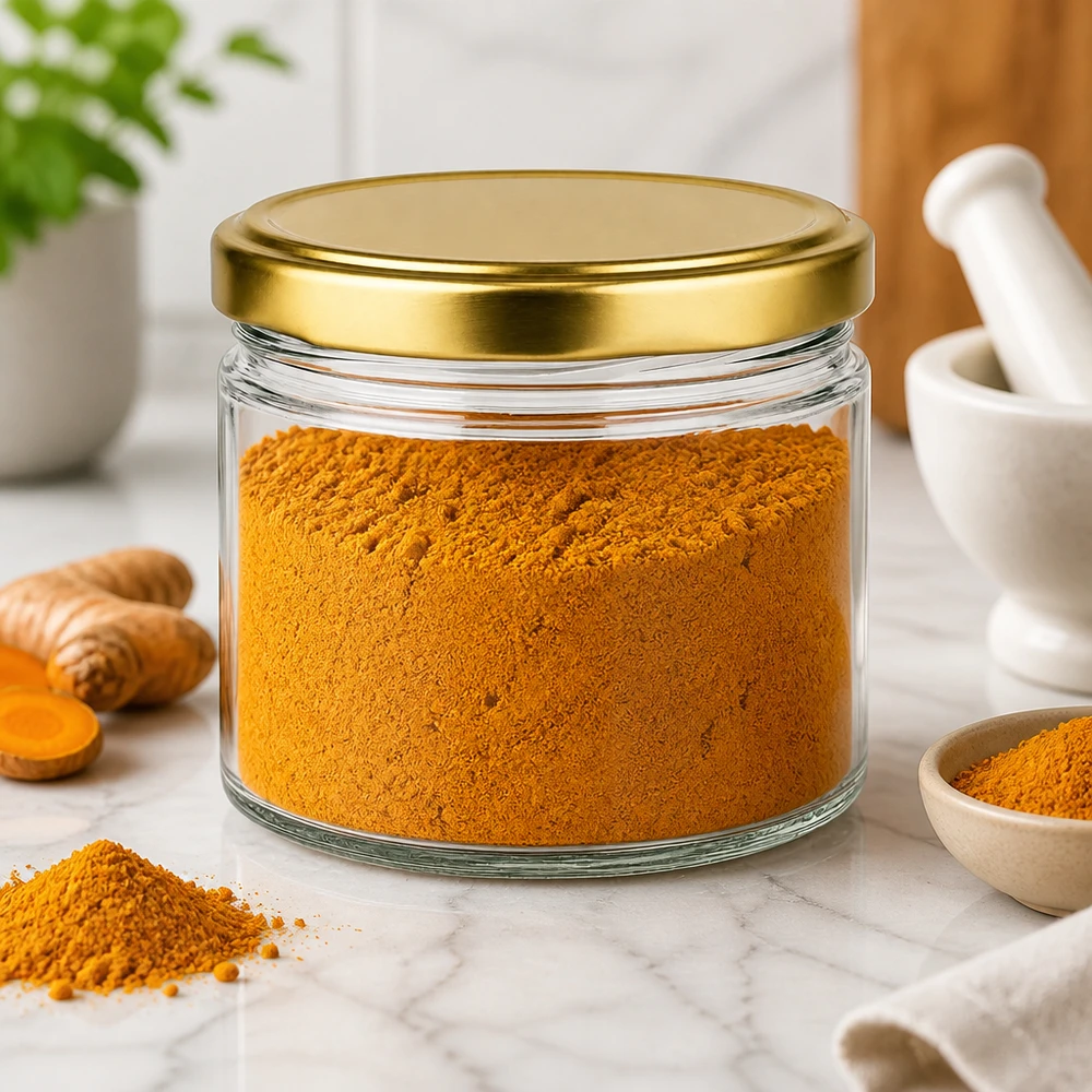 Barattolo rotondo da 540 ml con coperchio BasicSeal oro UNiTWIST Barattolo rotondo da 540 ml con coperchio BasicSeal riempito d'oro con polvere di curcuma sul piano di lavoro in marmo Ambiente cucina