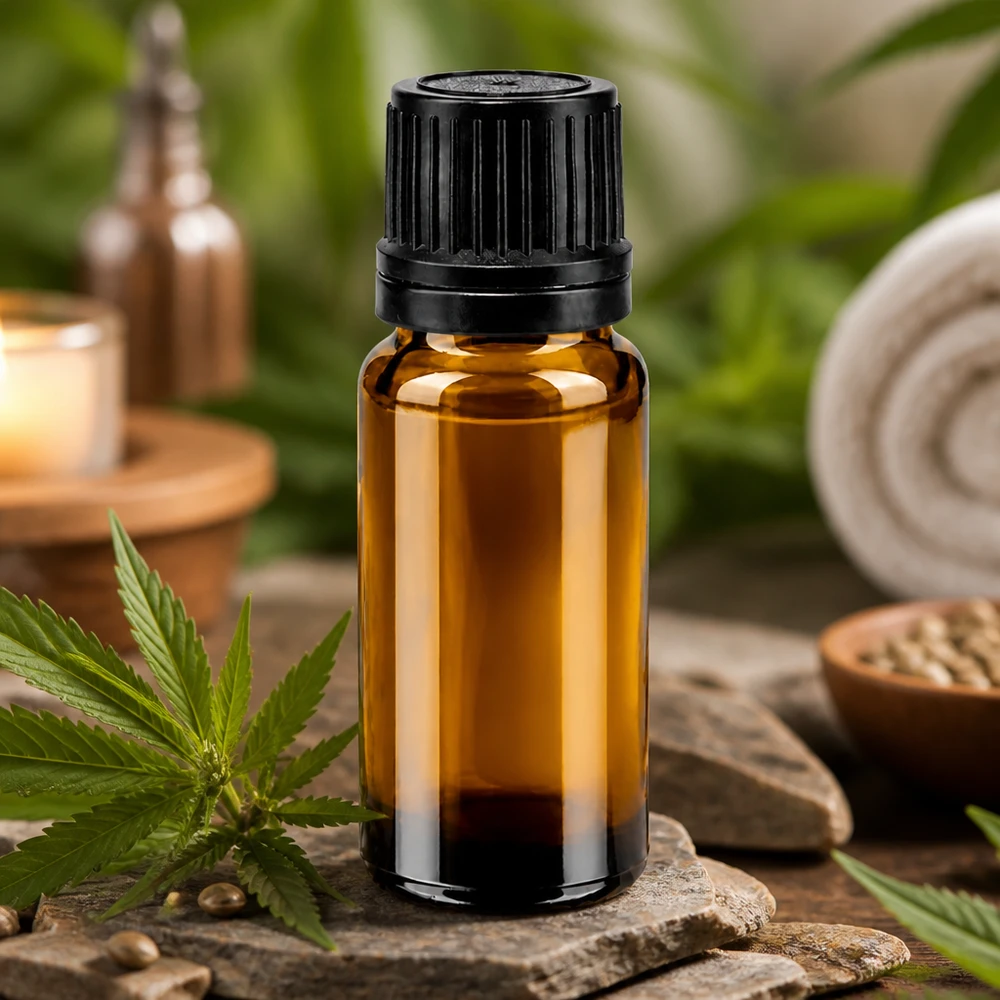Flacone contagocce da 10 ml in vetro da farmacia di colore marrone con tappo OV nero tra foglie di cannabis