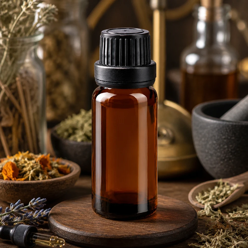 Flacone contagocce marrone da 10ml OV nero/2mm ApoGlas Flacone di vetro da 10 ml color ambra con tappo di sicurezza nero a prova di bambino e erbe sullo sfondo