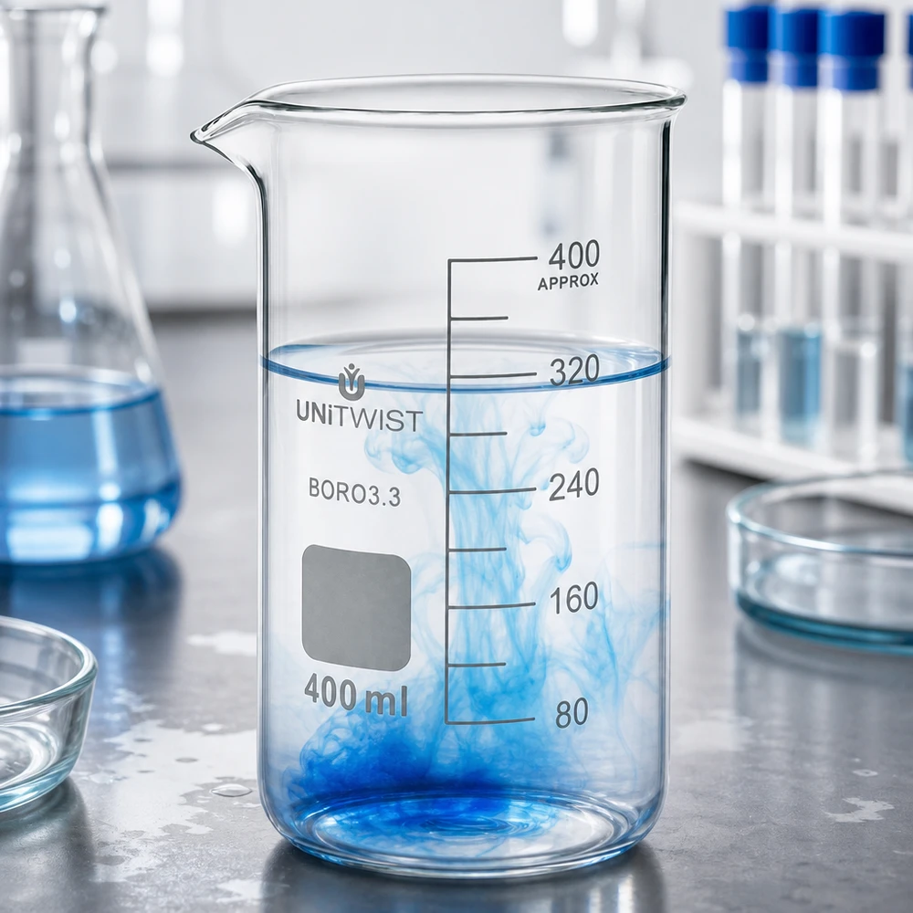 Bicchiere di vetro trasparente da 400 ml, forma alta, con inchiostro blu che si diffonde nell'acqua limpida – Immagine di laboratorio