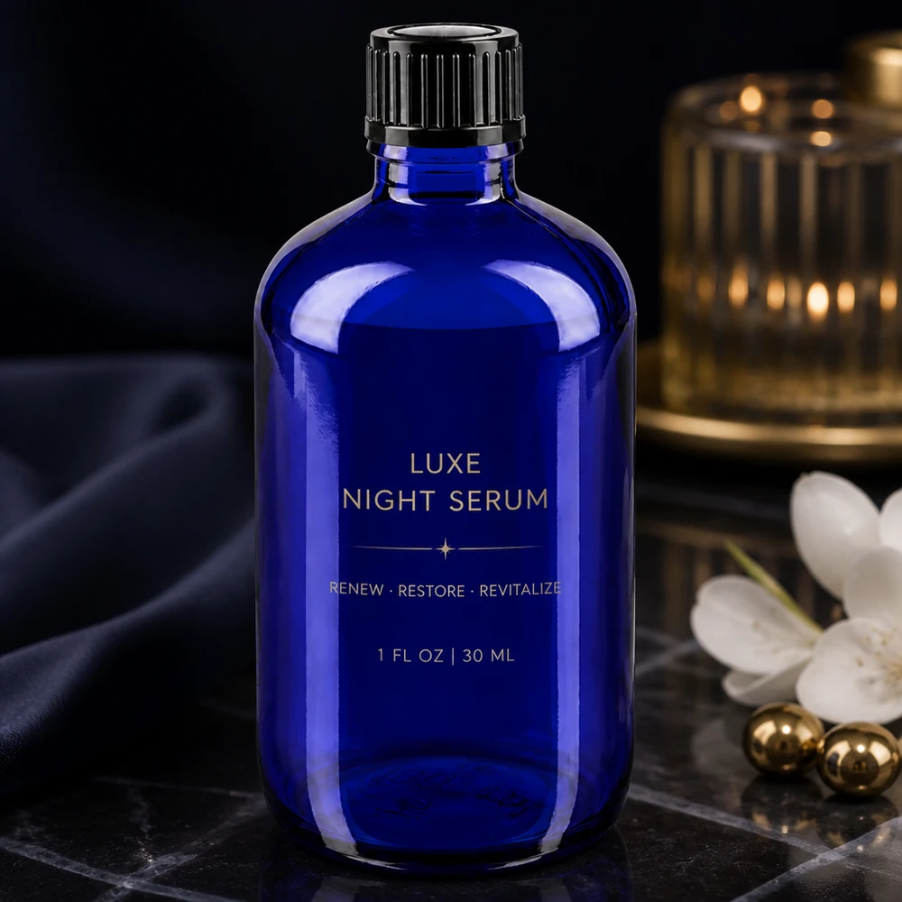 Bottiglia da farmacia blu da 100 ml. SV STD nero/11mm ApoGlas Flacone in vetro blu da 100 ml con tappo a vite nero, ideale come flacone per siero in un ambiente di lusso