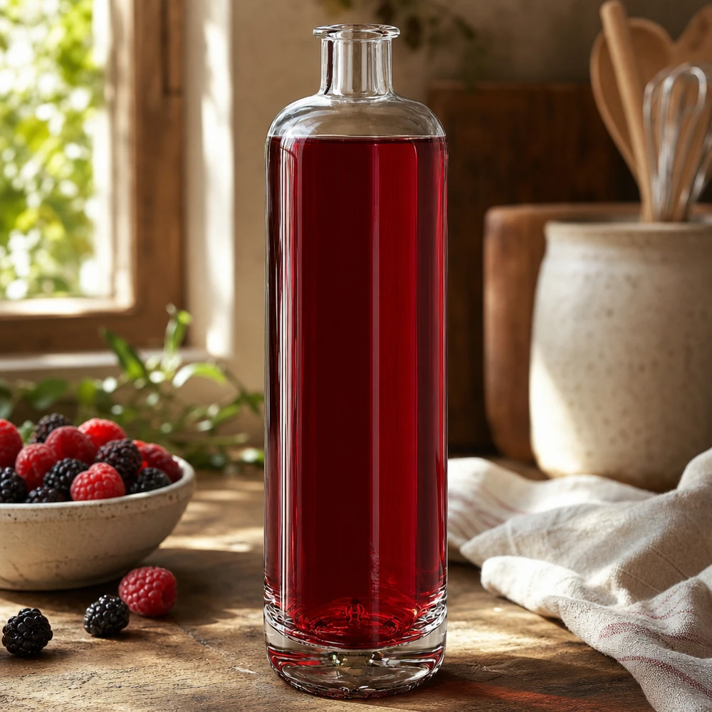 Bottiglia in vetro da 700 ml Ella senza tappo UNiTWIST® Bottiglia di vetro da 700 ml di Ella riempita di succo di bacche rosse accanto a lamponi e more freschi in una cucina rustica