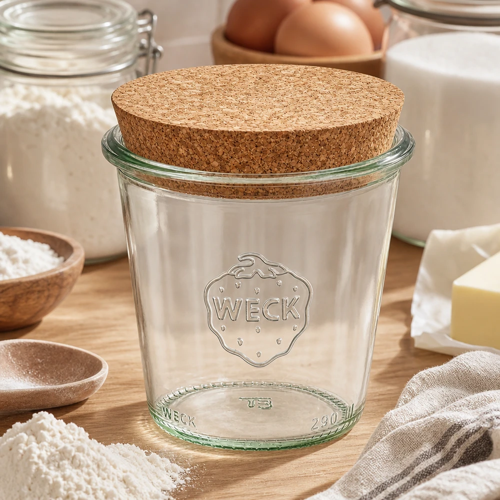 WECK tumbler 290ml RR80 con coperchio in sughero in cucina circondato da ingredienti da forno farina uova e latte su una base di legno