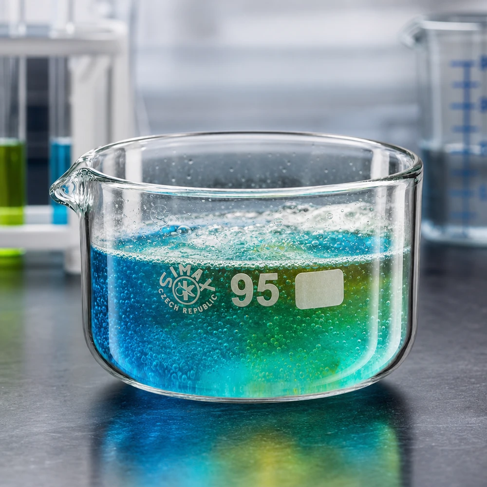 Piatto per cristallizzazione da 300 ml con beccuccio Bo.. ø95mm Liquido blu in ebollizione in una vaschetta di cristallizzazione da 300 ml con beccuccio, ø 95 mm, in vetro borosilicato SIMAX