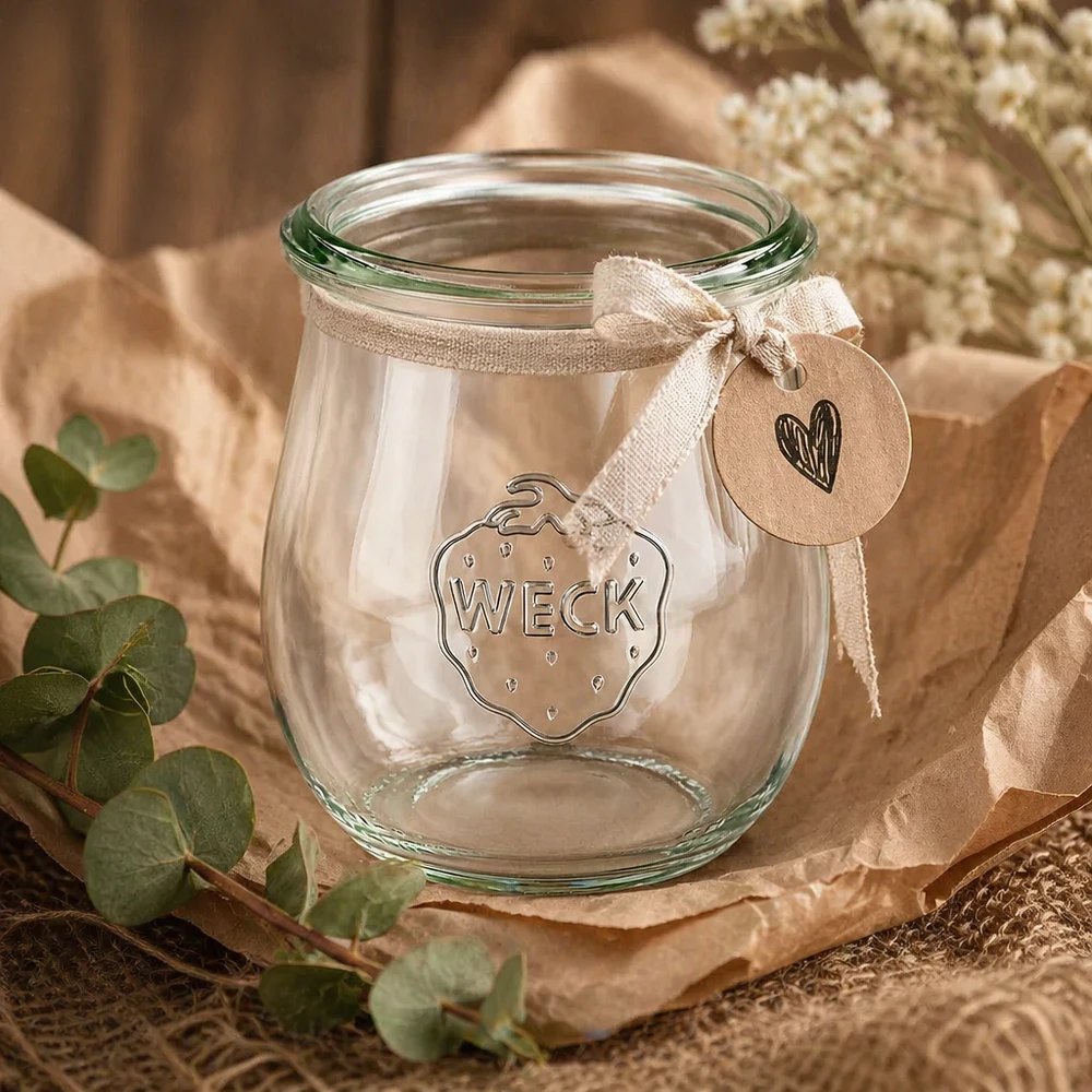 WECK vaso a tulipano 220ml RR60 decorativo con nastro e ciondolo su decorazione in eucalipto naturale