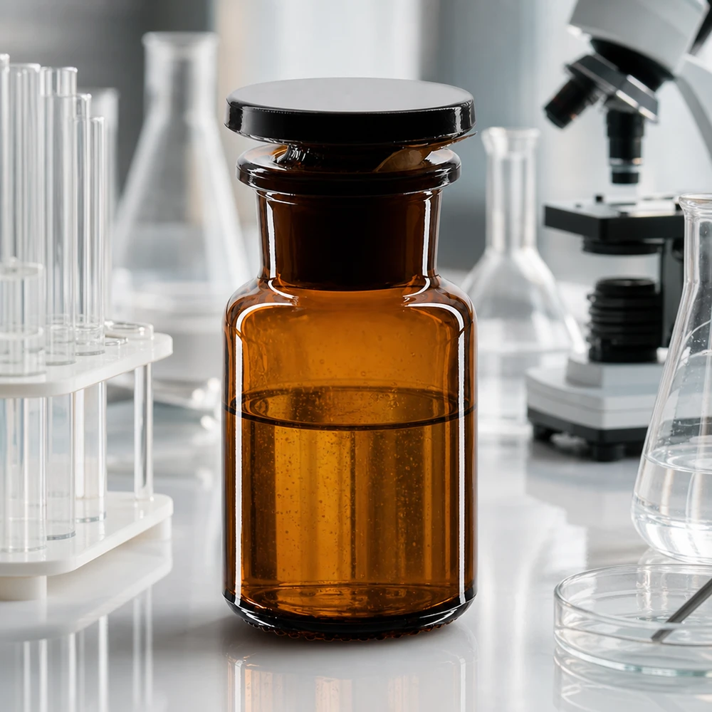 Bottiglia a spalla tonda 50ml marrone collo largo tappo in vetro Fiaschetta da laboratorio da 50 ml in vetro ambrato a collo largo con tappo di vetro, davanti a un microscopio e a provette