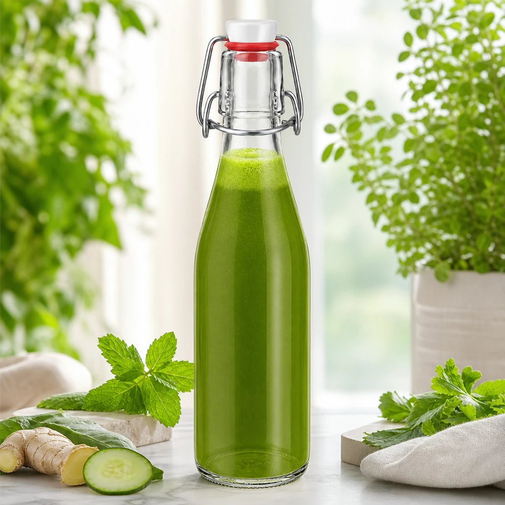 Bottiglia di vetro da 250 ml + tappo girevole in PVC UNiTWIST Bottiglia di vetro da 250 ml con tappo girevole riempita con frullato verde, zenzero, cetriolo, menta, ingredienti naturali.