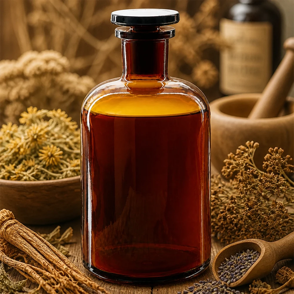 Bottiglia a spalla tonda 500ml marrone collo stretto in vetro con tappo Bottiglia in vetro ambrato a spalla arrotondata da 500 ml, a collo stretto con tappo, circondata da erbe medicinali e prodotti naturali