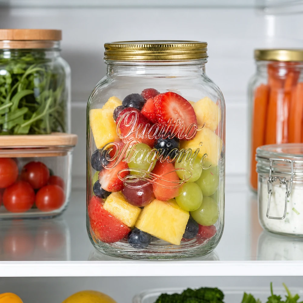 Vaso rotondo da 3000 ml Quattro Stagioni con macedonia di frutta fresca in frigorifero accanto a verdure e altri vasi di conservazione