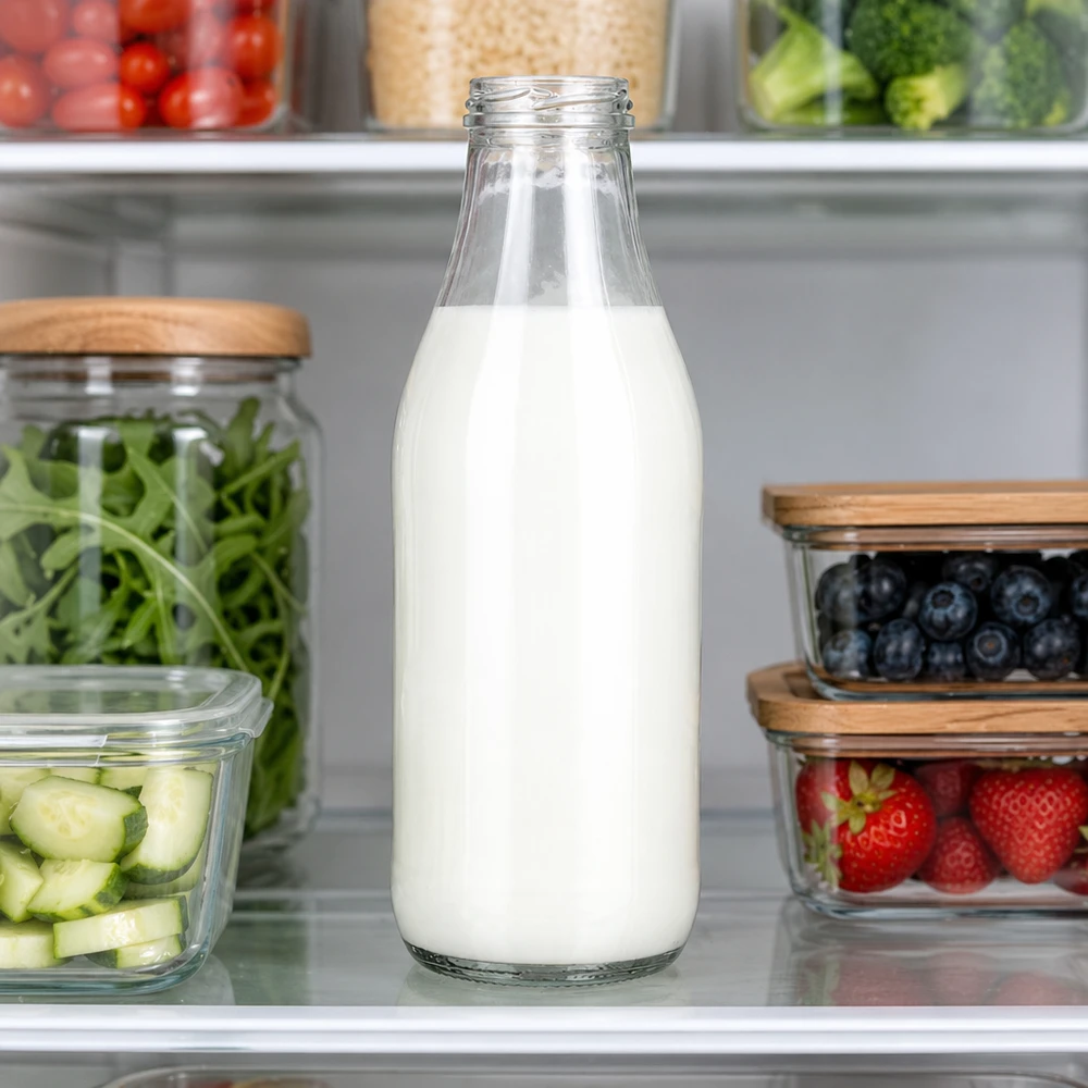 Bottiglia di vetro da 1000ml senza coperchio (TO48) UNiTWIST Milchflasche 1000ml Glas TO48 UNiTWIST mit frischer Milch im Kühlschrank neben Obst und Gemüse Kücheneinsatz