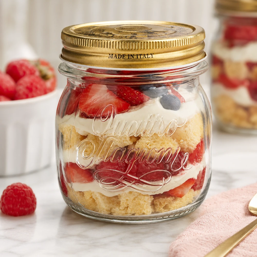 Bicchiere rotondo Quattro Stagioni da 250 ml con coperchio dorato riempito con un dessert a strati di fragole e panna Made in Italy