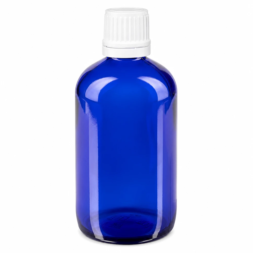 Flacone da farmacia blu in vetro da 100 ml con tappo di sicurezza per bambini bianco e contagocce