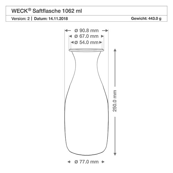Bottiglia per succhi da 1062 ml con coperchio salva-freschezza WECK RR60 Disegno tecnico della bottiglia di succo WECK 1062ml con dimensioni e peso per il coperchio di freschezza RR60