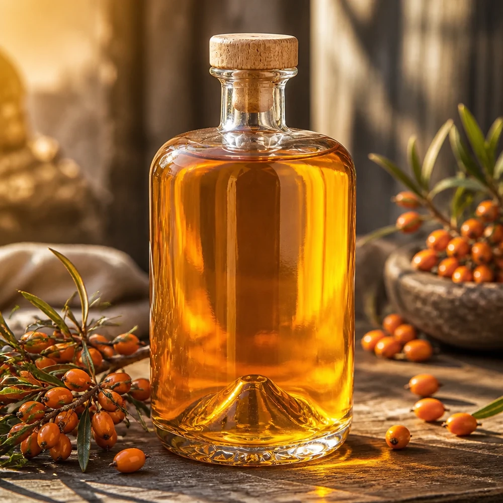 Bottiglia in vetro di Sofia da 700 ml con tappo in sughero, riempita di olio ambrato accanto a bacche di olivello spinoso.