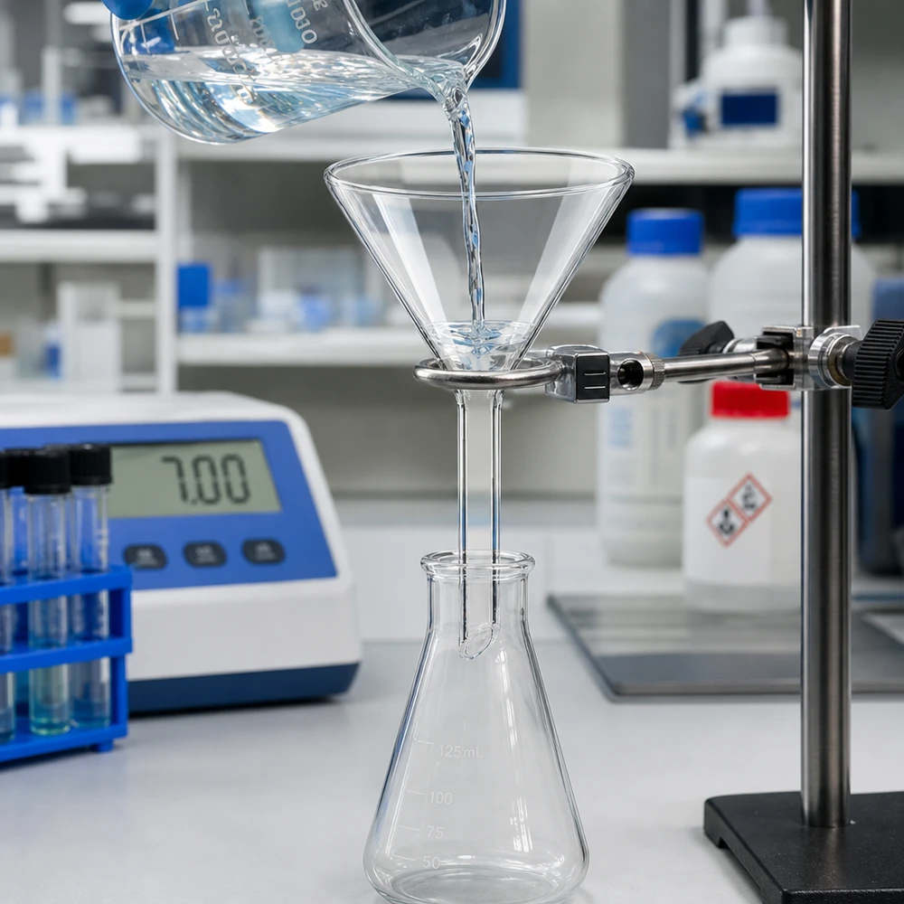 Imbuto in vetro soda-calce resistente agli agenti chimici con impugnatura corta e compatta per un lavoro di laboratorio sicuro