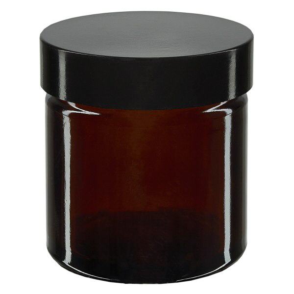 Barattolo di vetro da 60ml marrone, con coperchio in bachelite nera ApoGlas Barattolo di vetro da 60ml marrone, con coperchio in bachelite nera ApoGlas