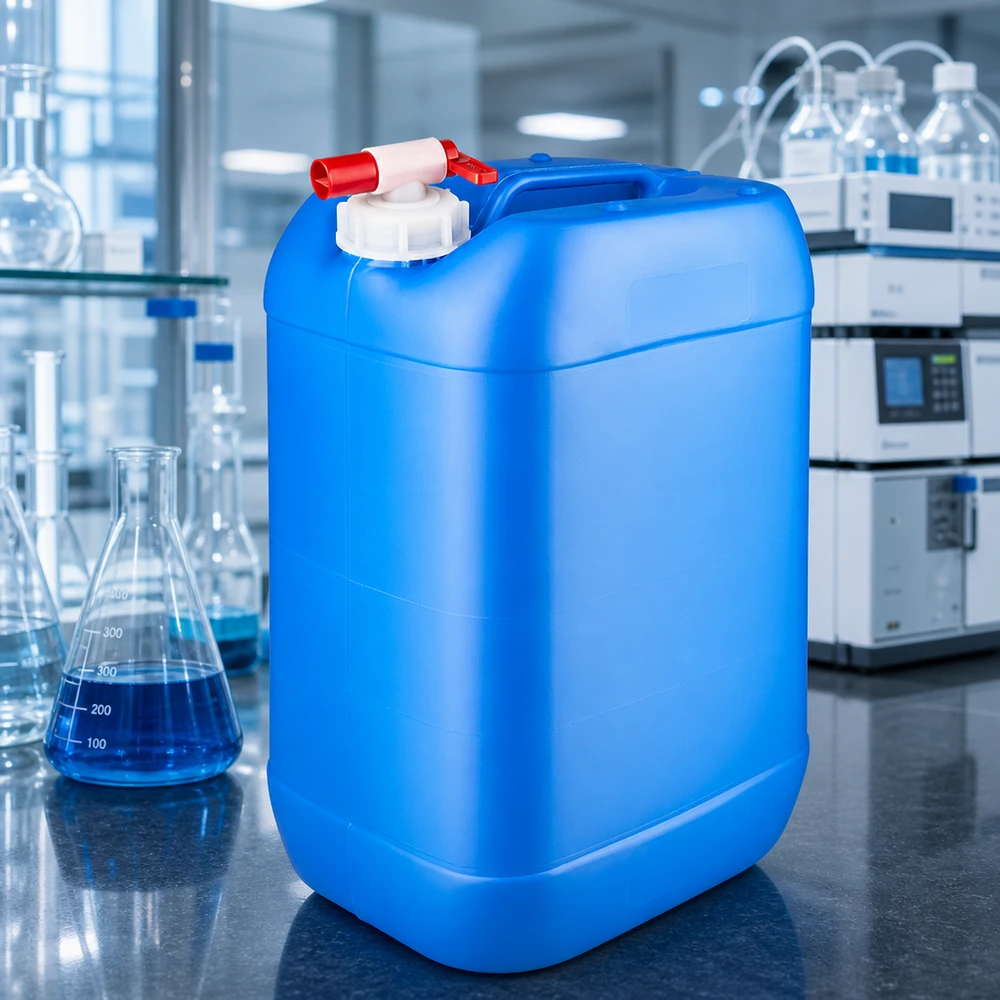 Tanica 25 litri blu con rubinetto di scarico Tanica da 25 litri di colore azzurro con rubinetto integrato, realizzata in HDPE, per lo stoccaggio sicuro dei liquidi